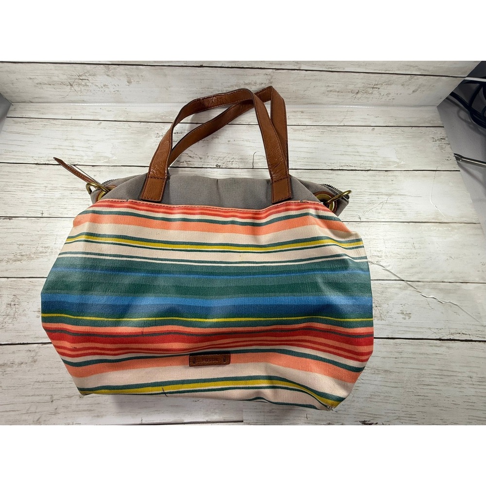 Fossil‎ Striped Canvas Tote Bag Multi Color Leather Trim Zip Top Shopper Handbag